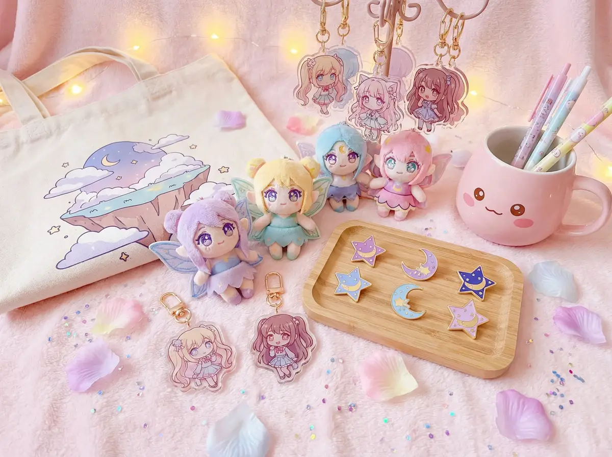 萝莉岛周边商品展示 - 精灵玩偶、星月徽章、角色钥匙扣与帆布袋