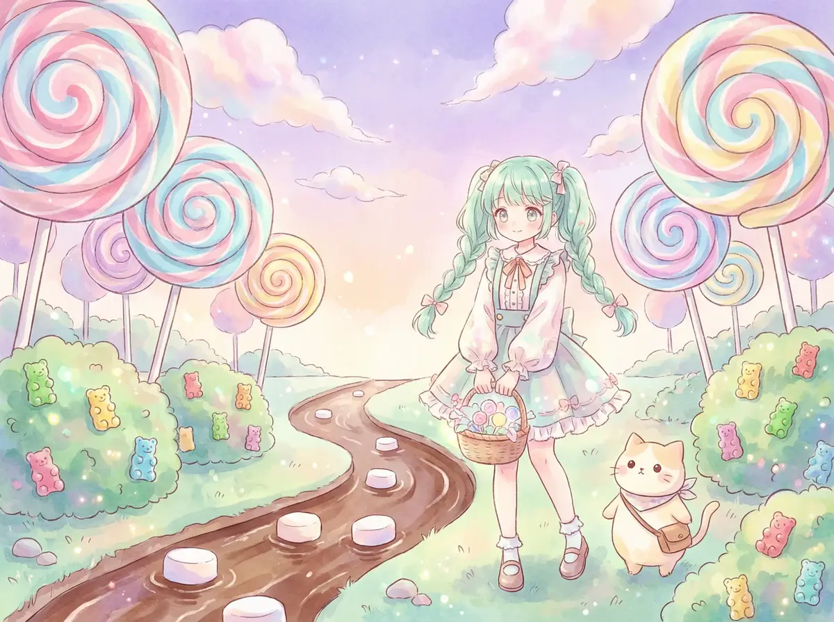 星夜绘梦作品 - 糖果森林中的绿发少女